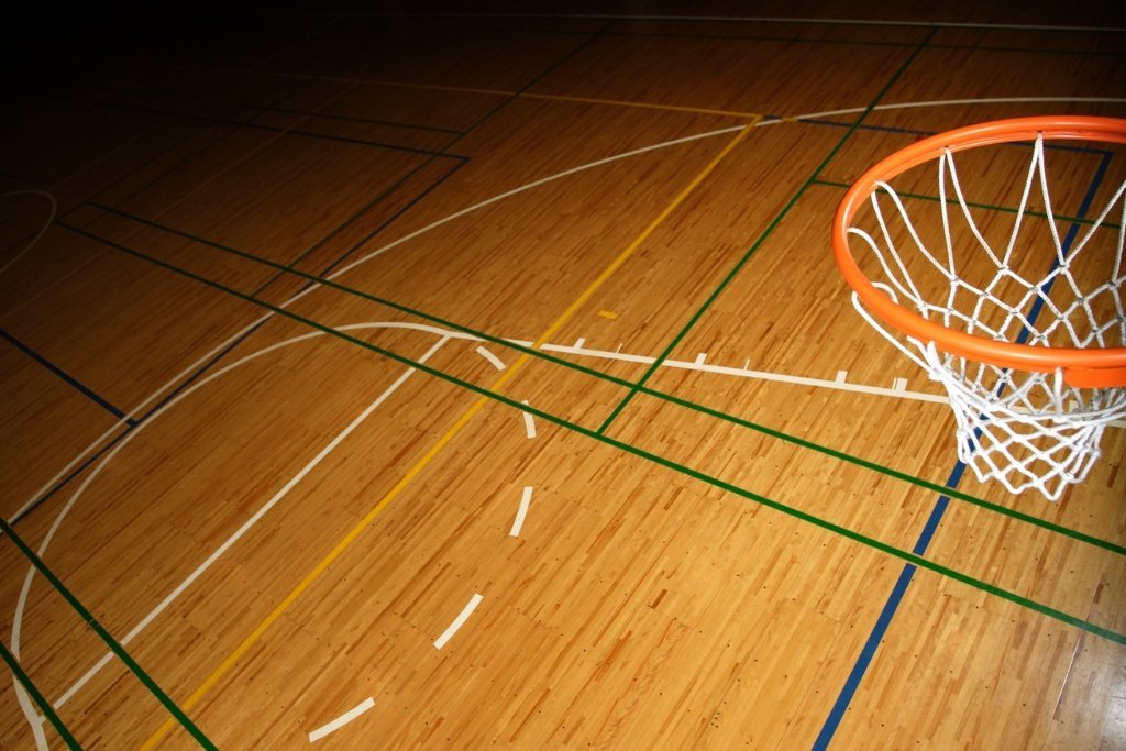 Multi-purpose indoor sports court with basketball hoop, wood flooring and court markings