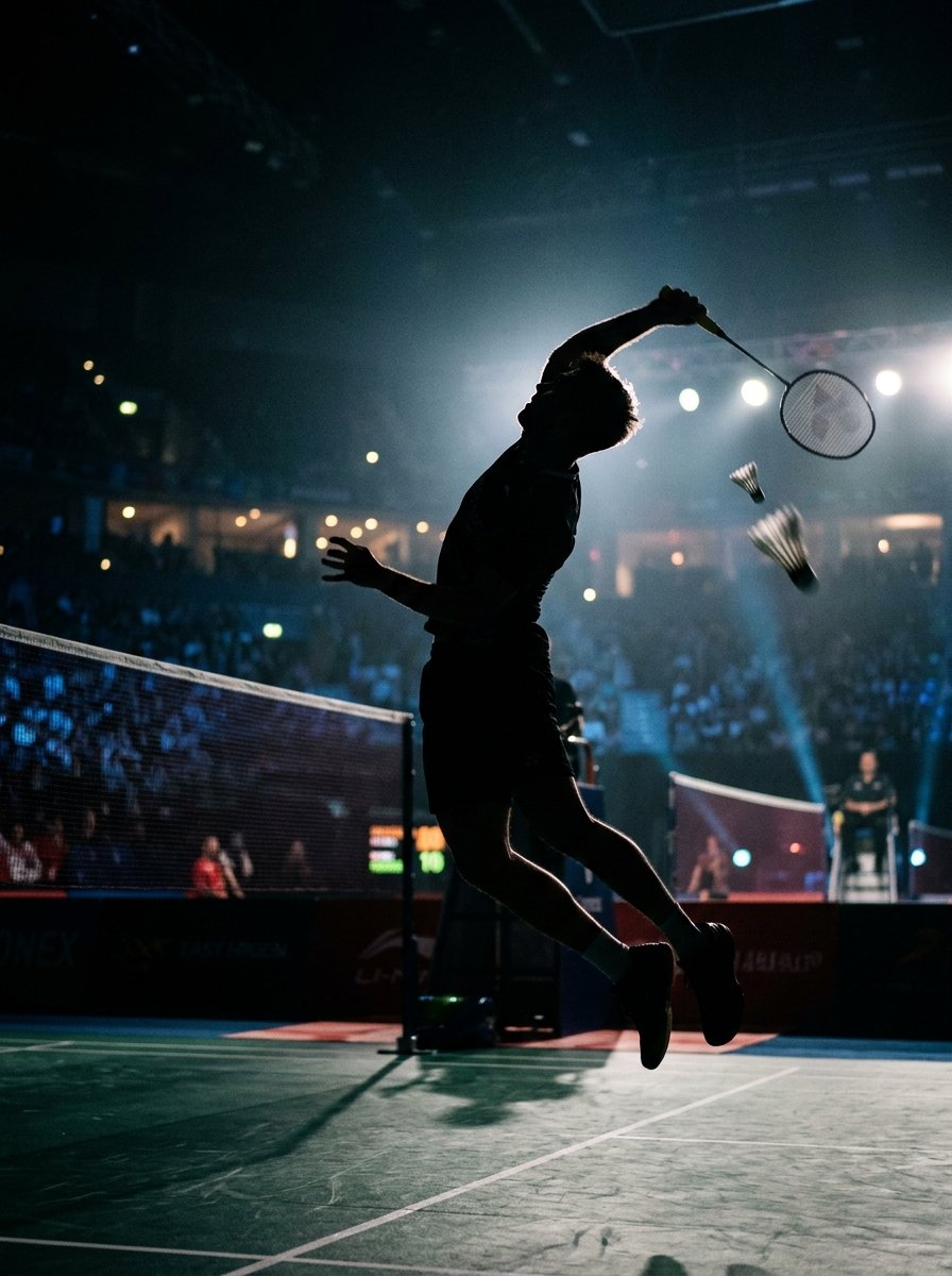Professional Badminton Athlete Jumping for a Smash under Arena Lights