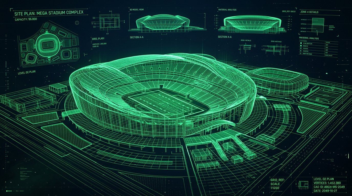 3D Architectural Wireframe CAD Model of Mega Sports Stadium Complex
